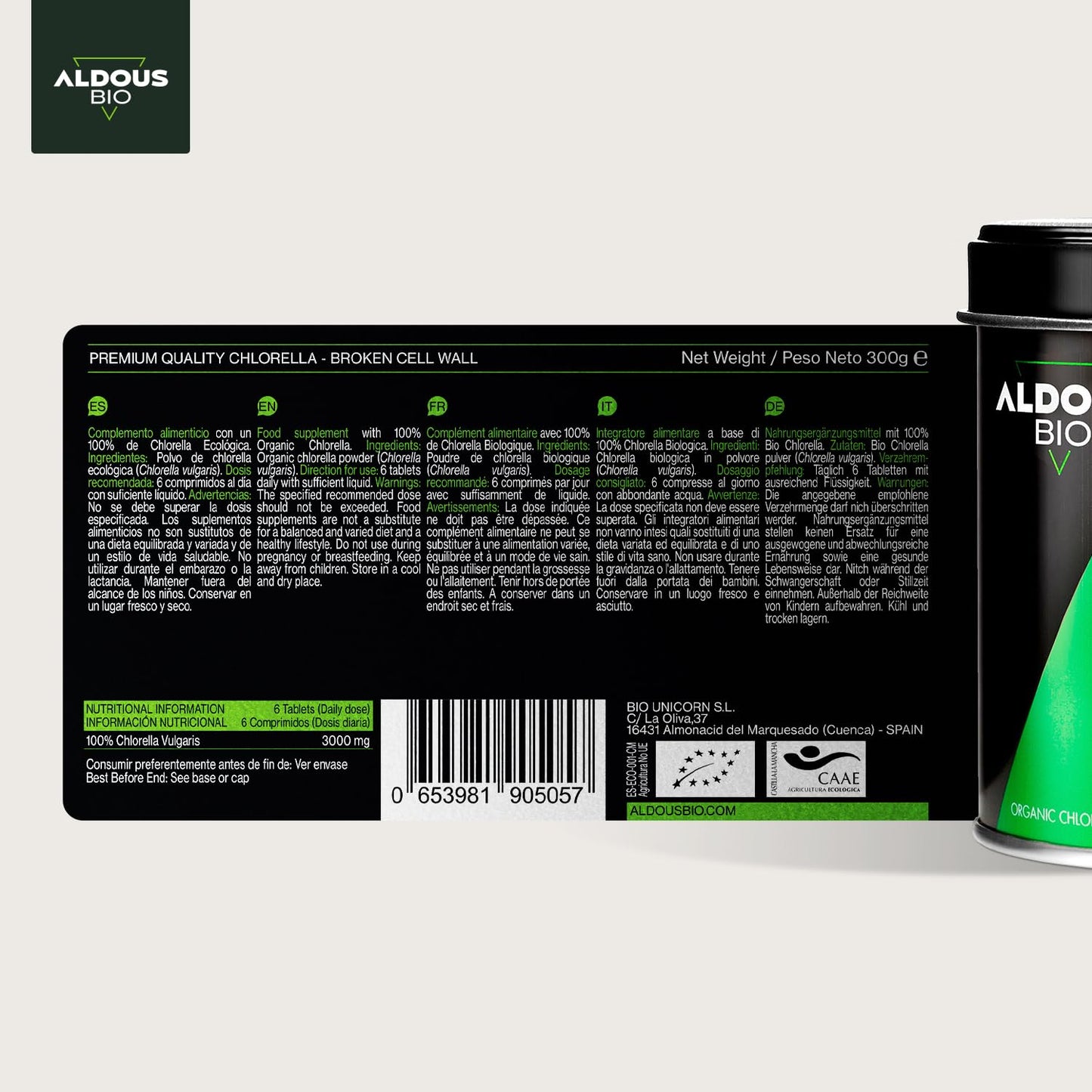600 Comprimidos de Chlorella e Spirulina Aldous Bio