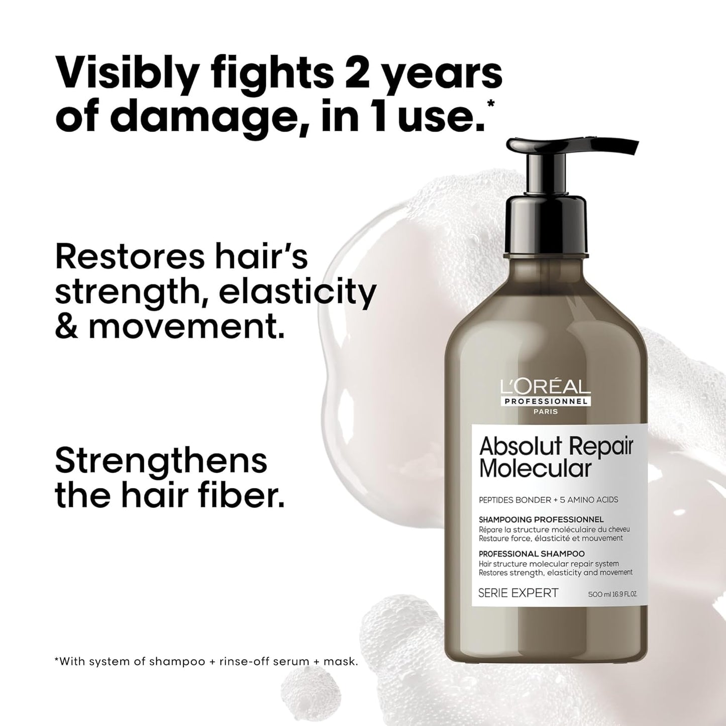 L'Oréal Professionnel, Shampoo Profissional Sem Sulfato, Nutre Profundamente, Repara Danos e Fortalece os Cabelos, para Cabelos Secos e Danificados, Fórmula Patenteada, Absolut Molecular Repair, Refil 500ml