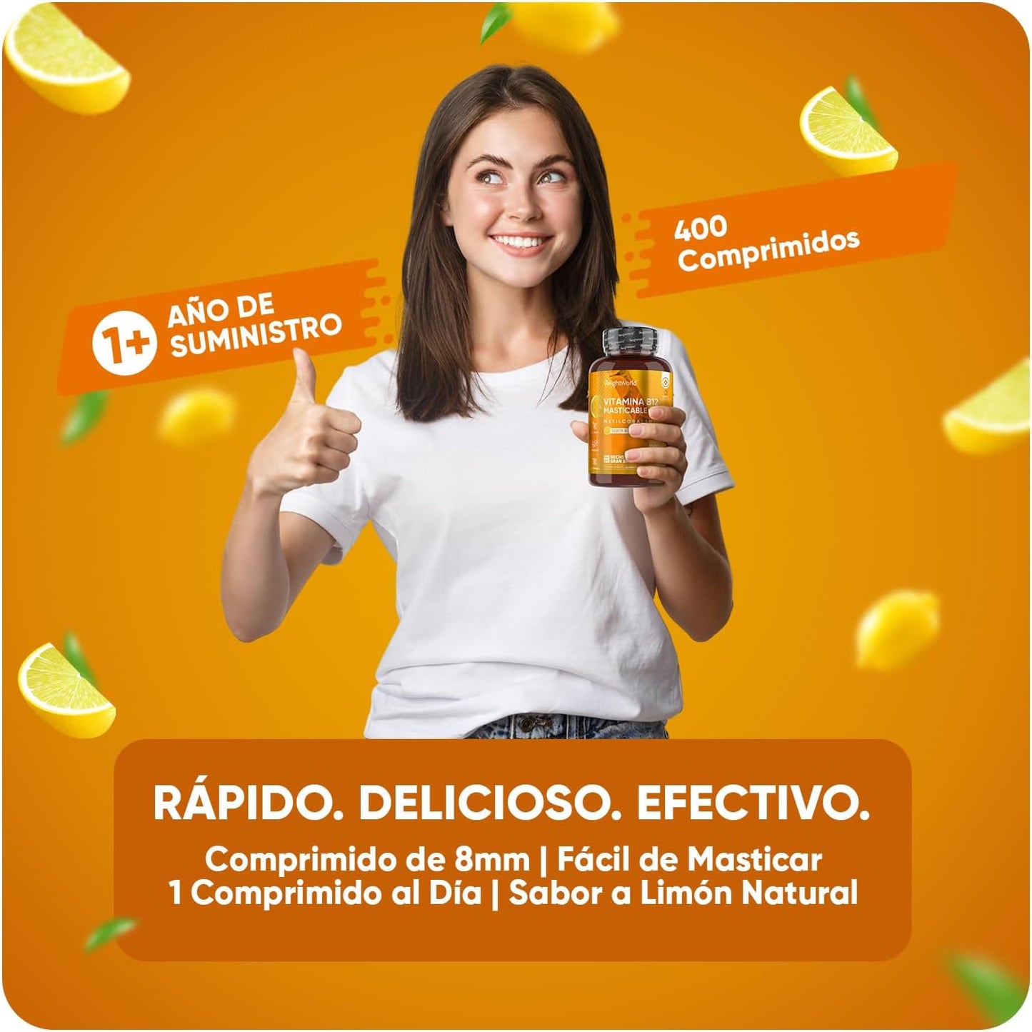 Vitamina B12 mastigavel para metabolismo em frasco com 400 comprimidos veganos, sabor natural a limão, fácil de usar.