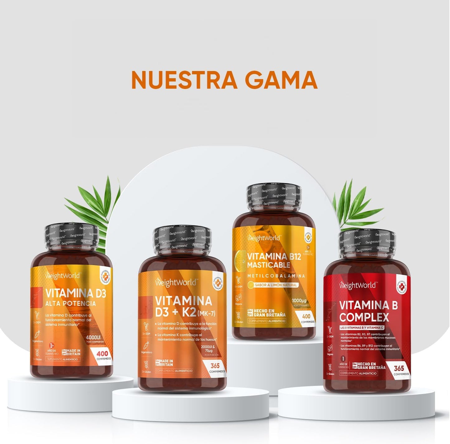 Eclética coleção de vitaminas, incluindo vitamina B12 mastigável para metabolismo, apresentada em frascos atraentes.