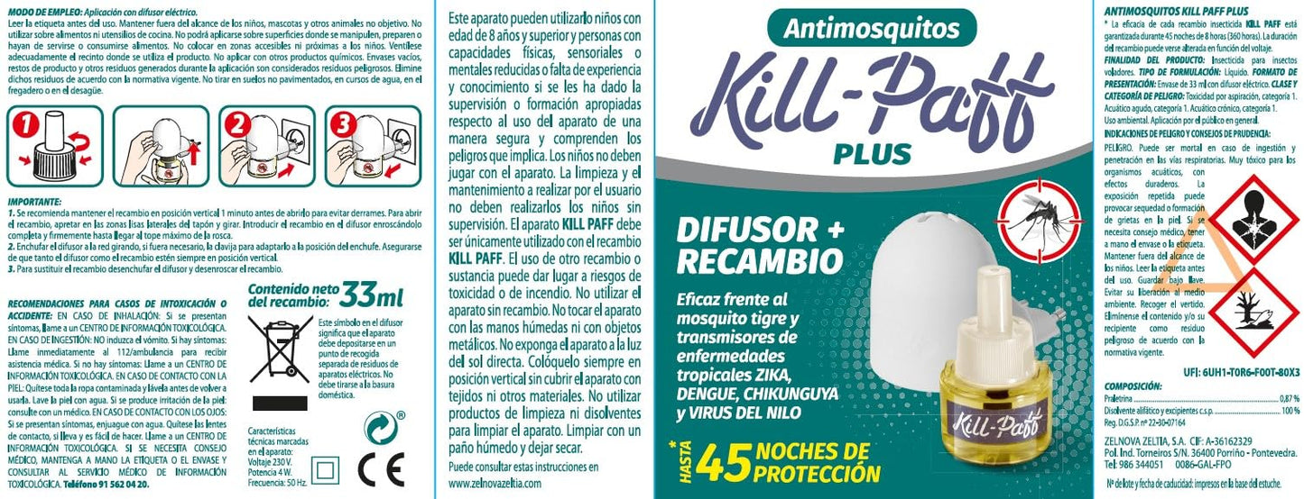 KILL-PAFF KIDS | Inseticida elétrico | Repelente de mosquitos | Eficaz contra mosquitos-tigre e transmissores de doenças tropicais | Sem cheiro | 45 noites de proteção | Conteúdo: 1 Diferencial + 1 Repelente