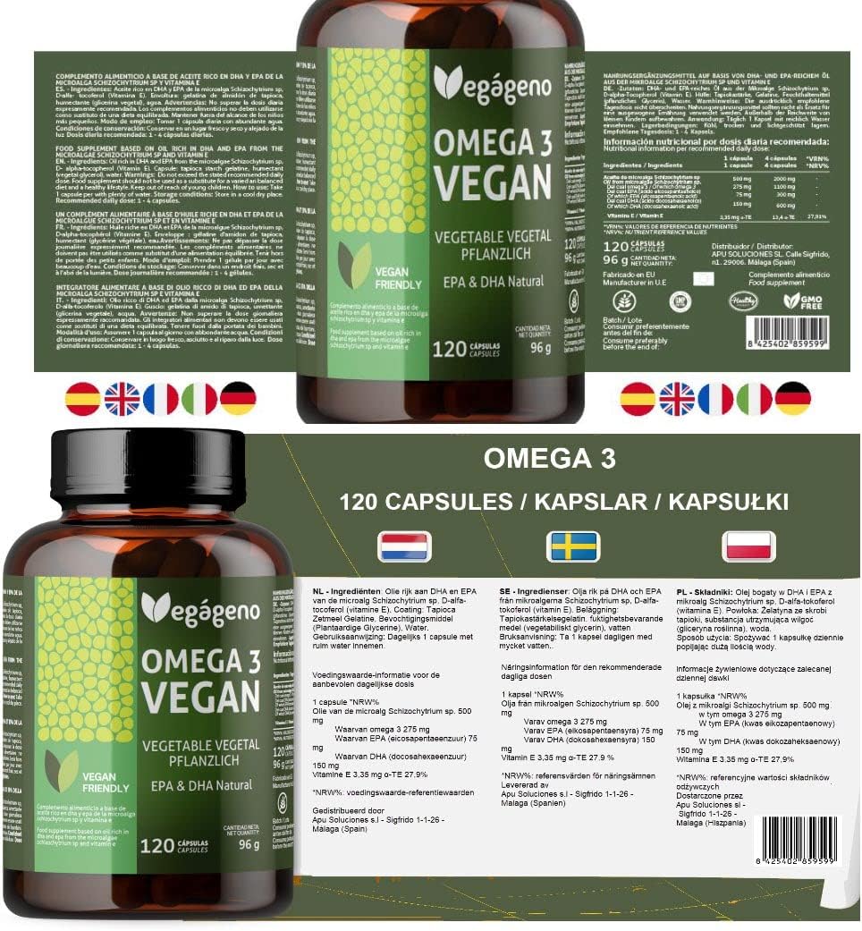 VEGAGENO OMEGA 3 Vegano - 2000 mg de óleo de algas de origem vegetal
