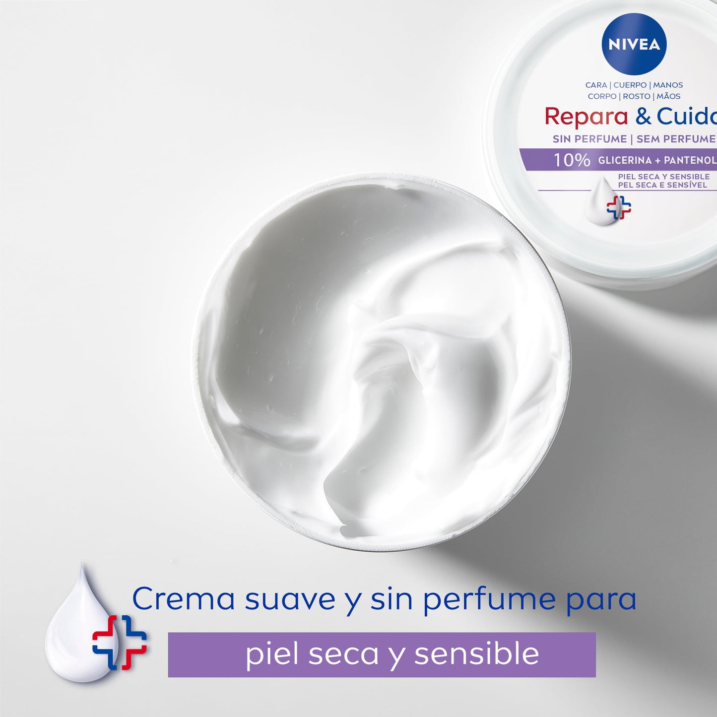 Creme hidratante NIVEA 400ml com textura suave, ideal para pele seca e sensível, enriquecido com glicerina e vitamina E pura