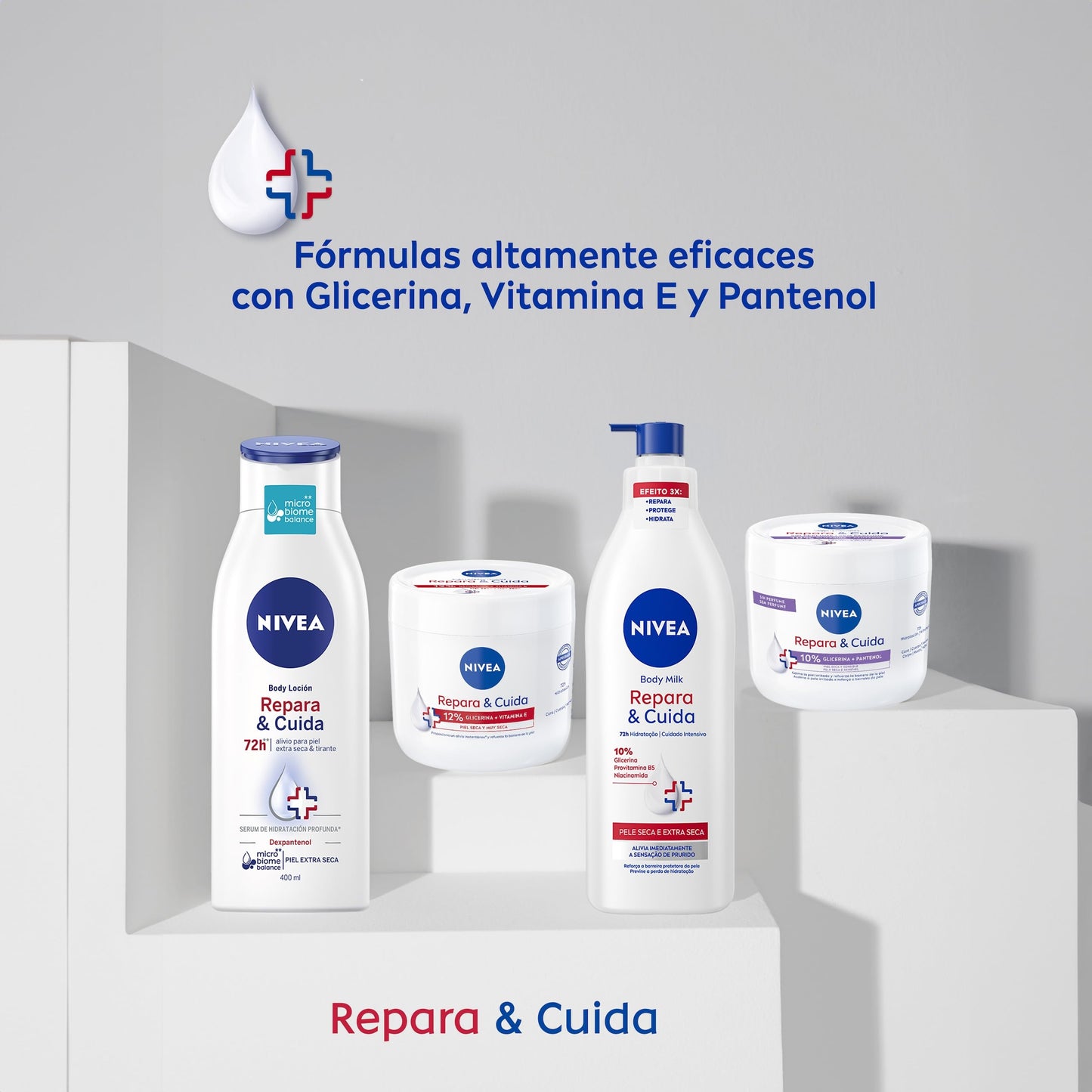 Conjunto de cremes hidratantes NIVEA 400ml, incluindo opções faciais e corporais, com glicerina e vitamina E pura