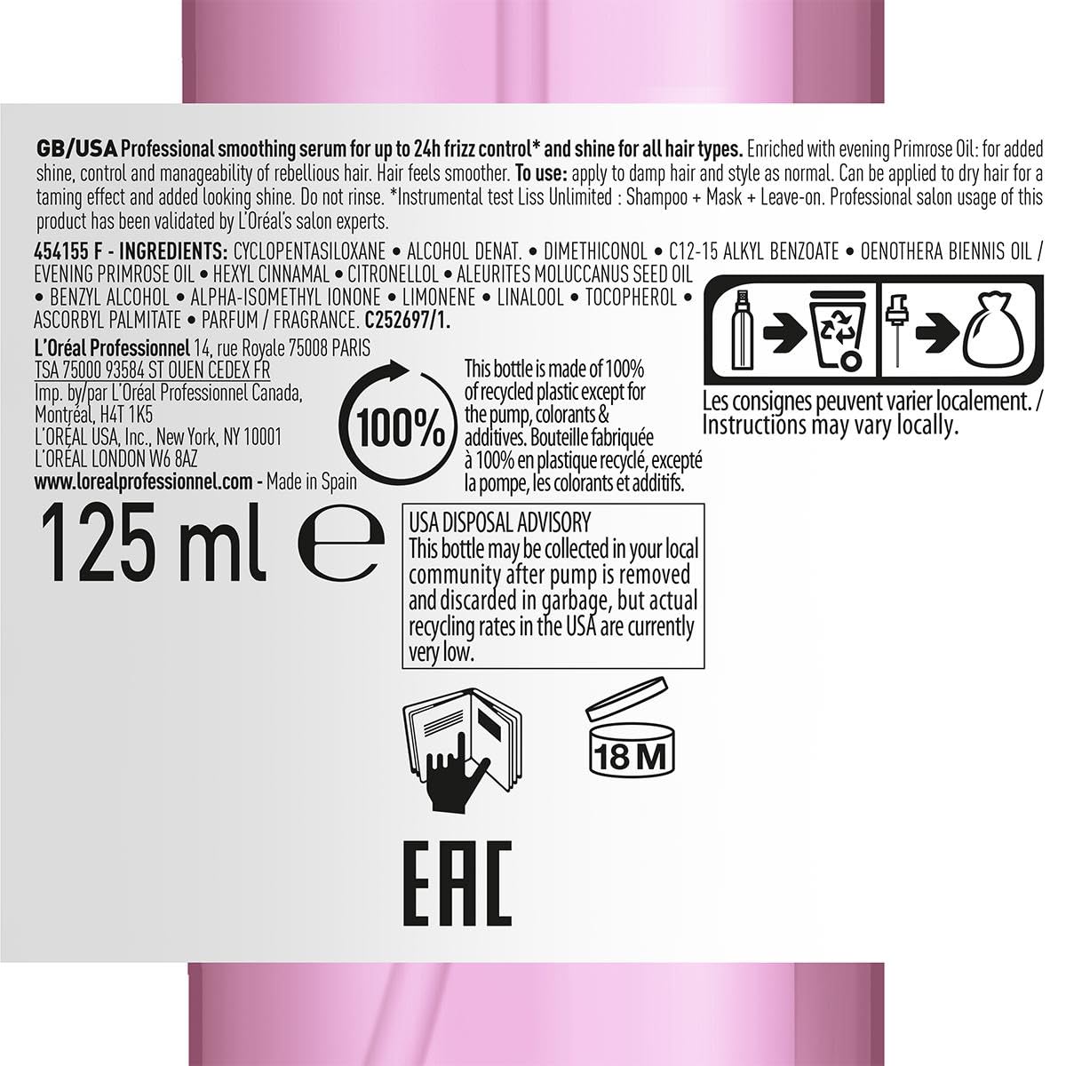 L'Oréal Professionnel, óleo de alisamento intenso para cabelo rebelde e crespado, Liss Unlimited, 125 ml