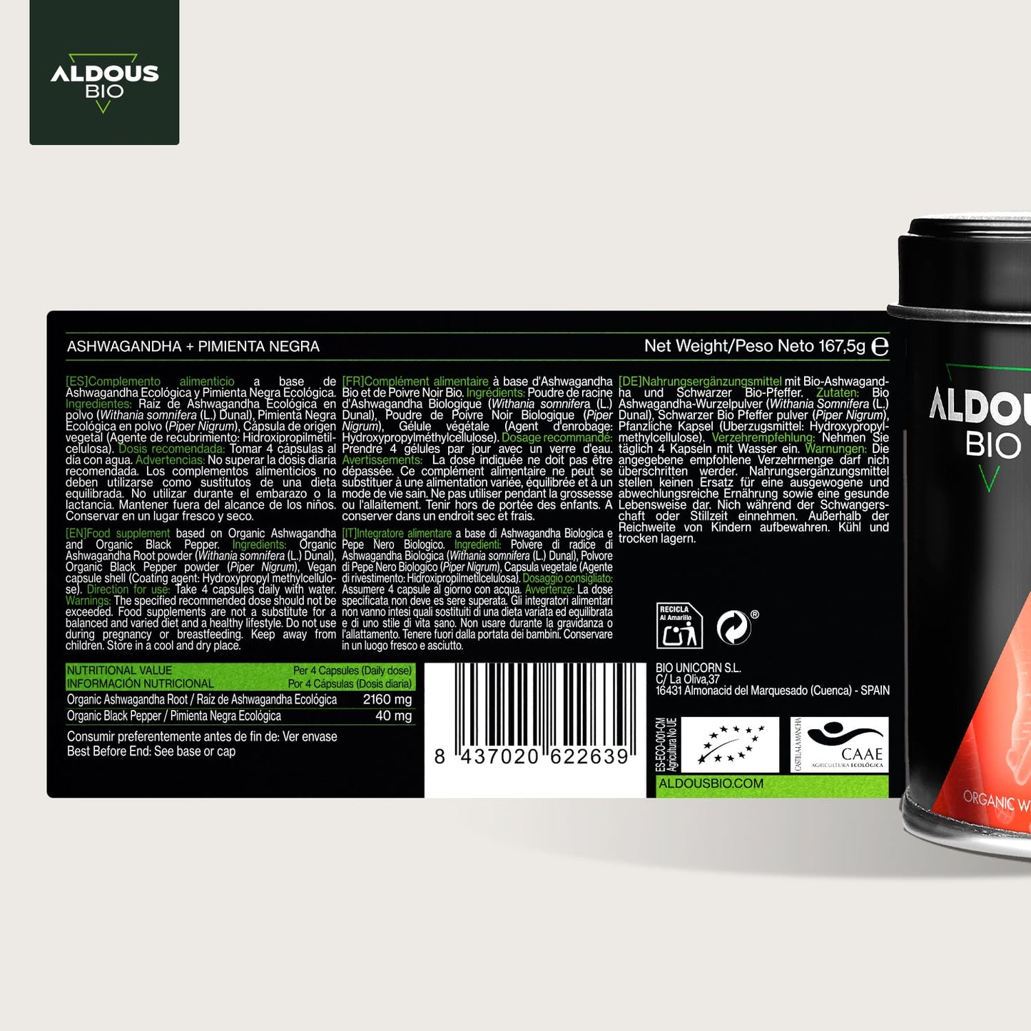Suplemento de Ashwagandha com pimenta preta