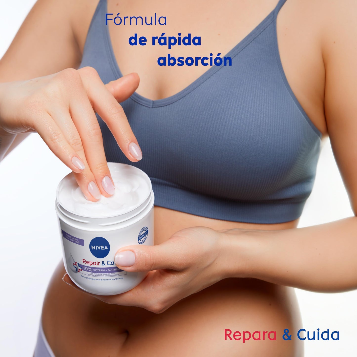 Creme hidratante NIVEA 400ml sendo aplicado em pele, com fórmula de rápida absorção e ingredientes como glicerina e vitamina E pura