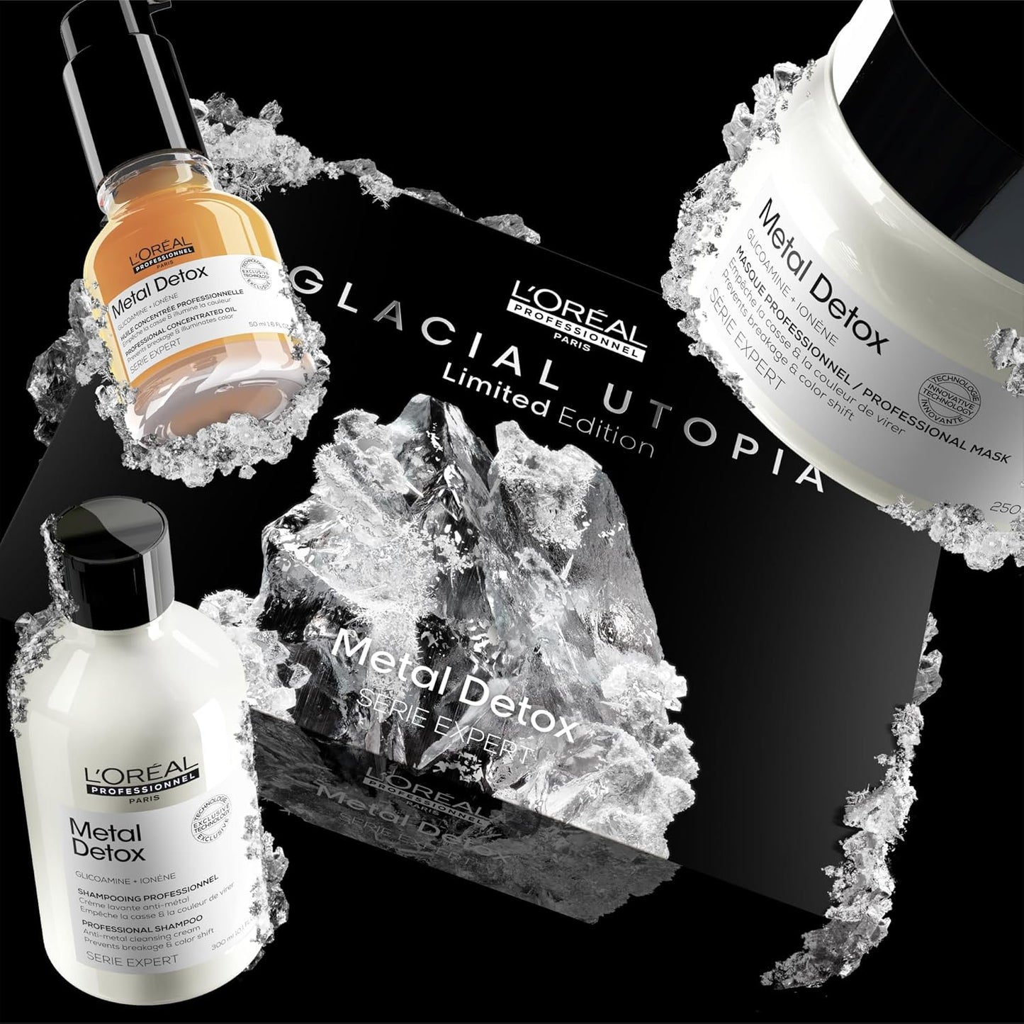 L'Oreal Professionnel peito trio, rotina para cabelo danificado ou tingido, metal Detox