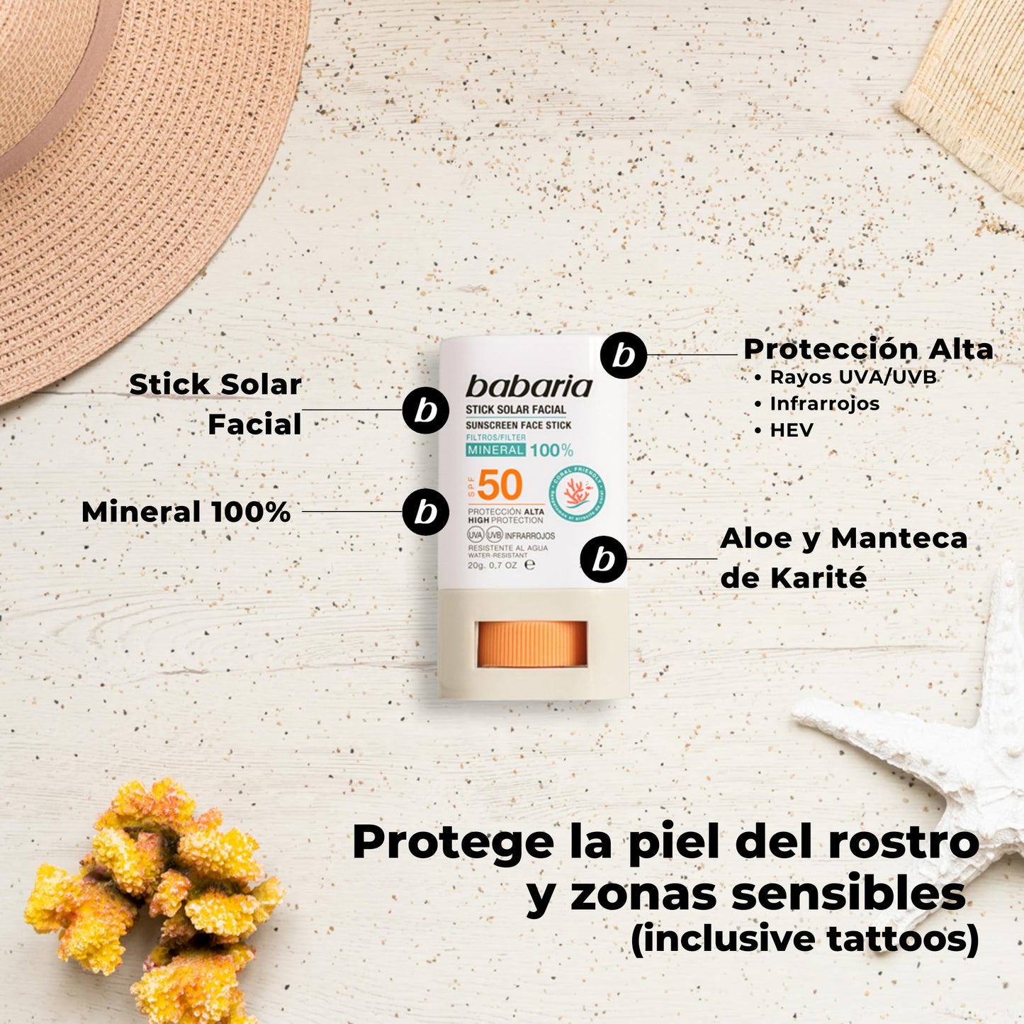 BABARIA- Bastão Solar Facial 50 Azul - 20g | Vara de surf | Proteção muito alta