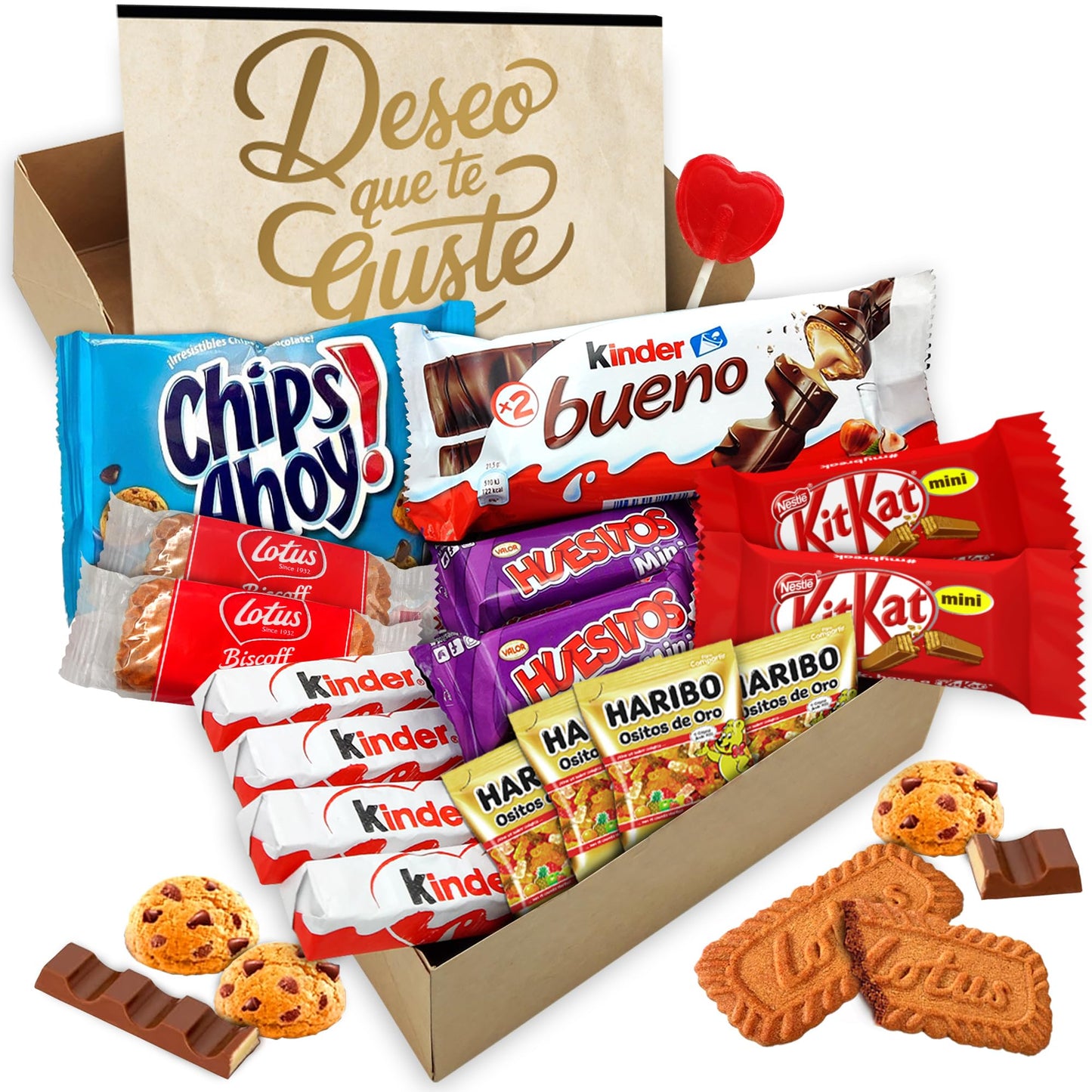 Caixa de presente original com 17 chocolates Kinder Bueno, cartões Kinder, Twix, Mars, Kit Kat, Huesitos, biscoito Lotus Biscoff e muito mais