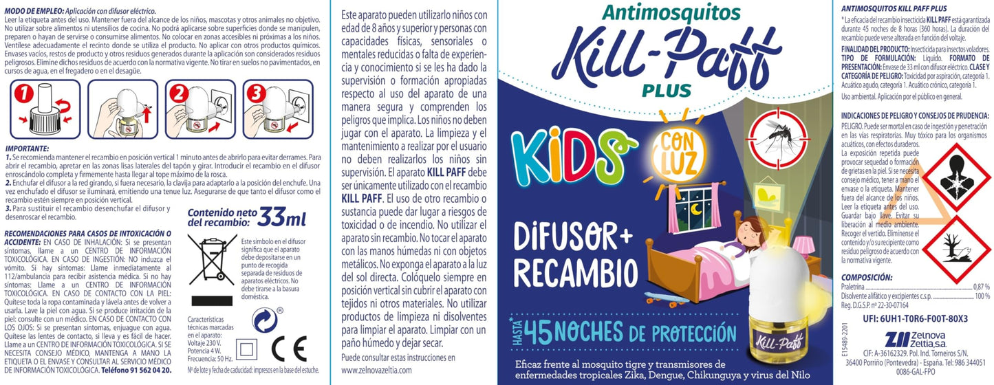 KILL-PAFF KIDS | Inseticida elétrico | Repelente de mosquitos | Eficaz contra mosquitos-tigre e transmissores de doenças tropicais | Sem cheiro | 45 noites de proteção | Conteúdo: 1 Diferencial + 1 Repelente