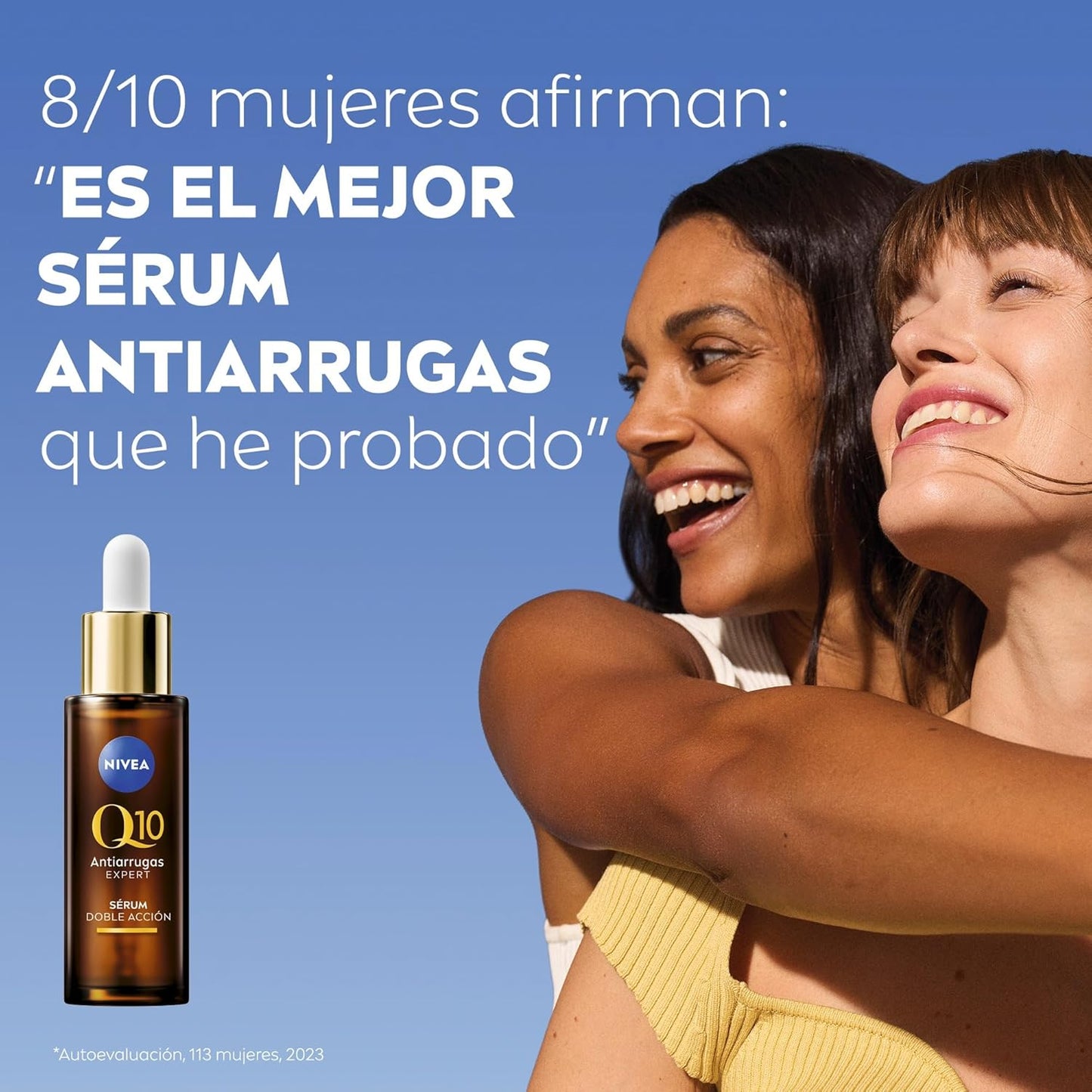 Sérum antirrugas Nivea Q10 em frasco de 30 ml com mulheres sorrindo, destacando eficácia na redução de rugas