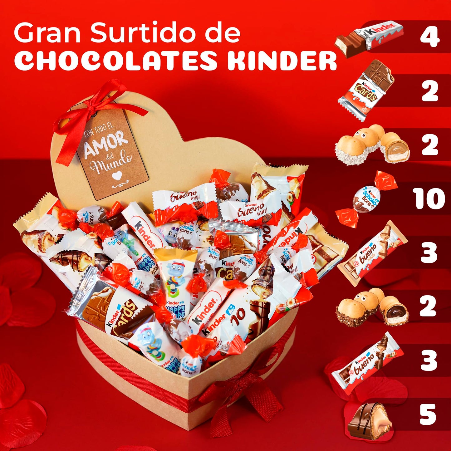 Caixa de chocolate originais com Kinder Bueno Mini, Schokobons, Happy Hippo, Kinder Bueno White - presentes de dia dos namorados