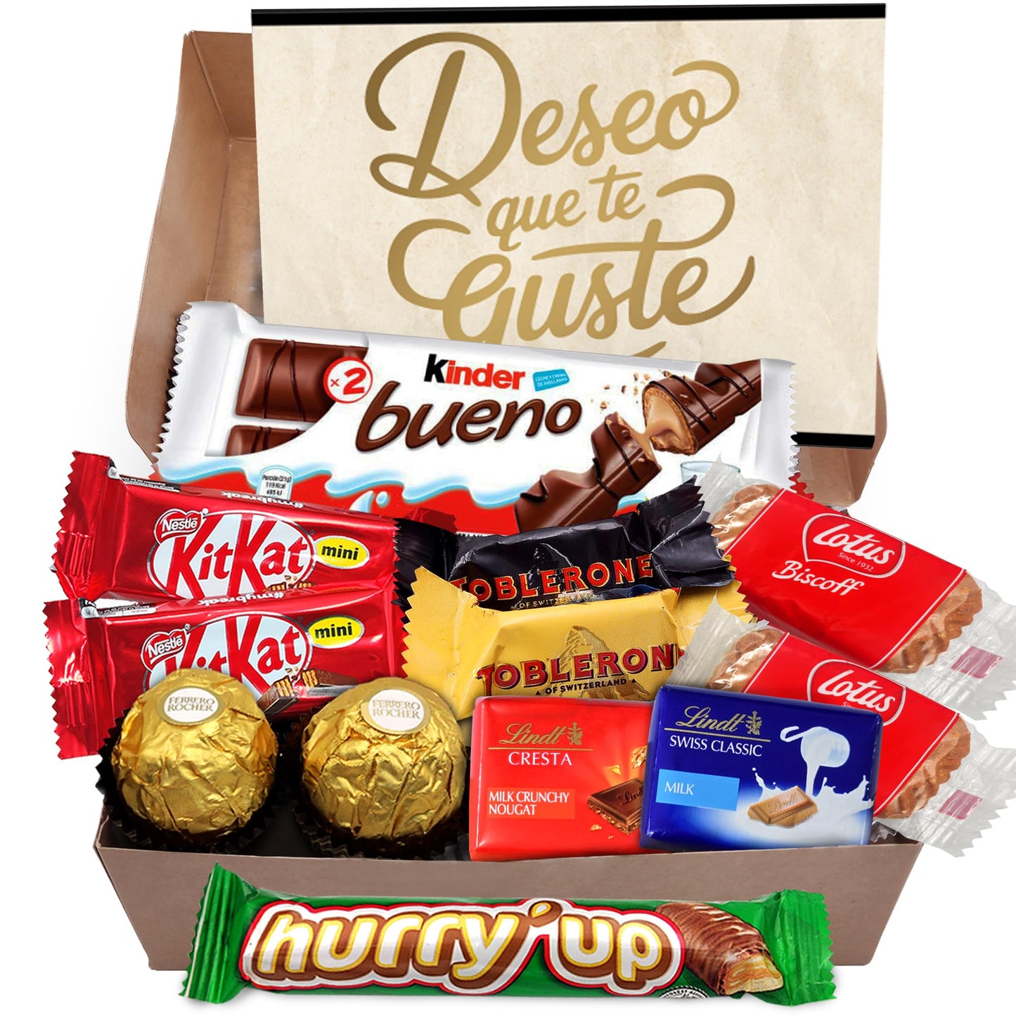 Caixa de presente original com 17 chocolates Kinder Bueno, cartões Kinder, Twix, Mars, Kit Kat, Huesitos, biscoito Lotus Biscoff e muito mais