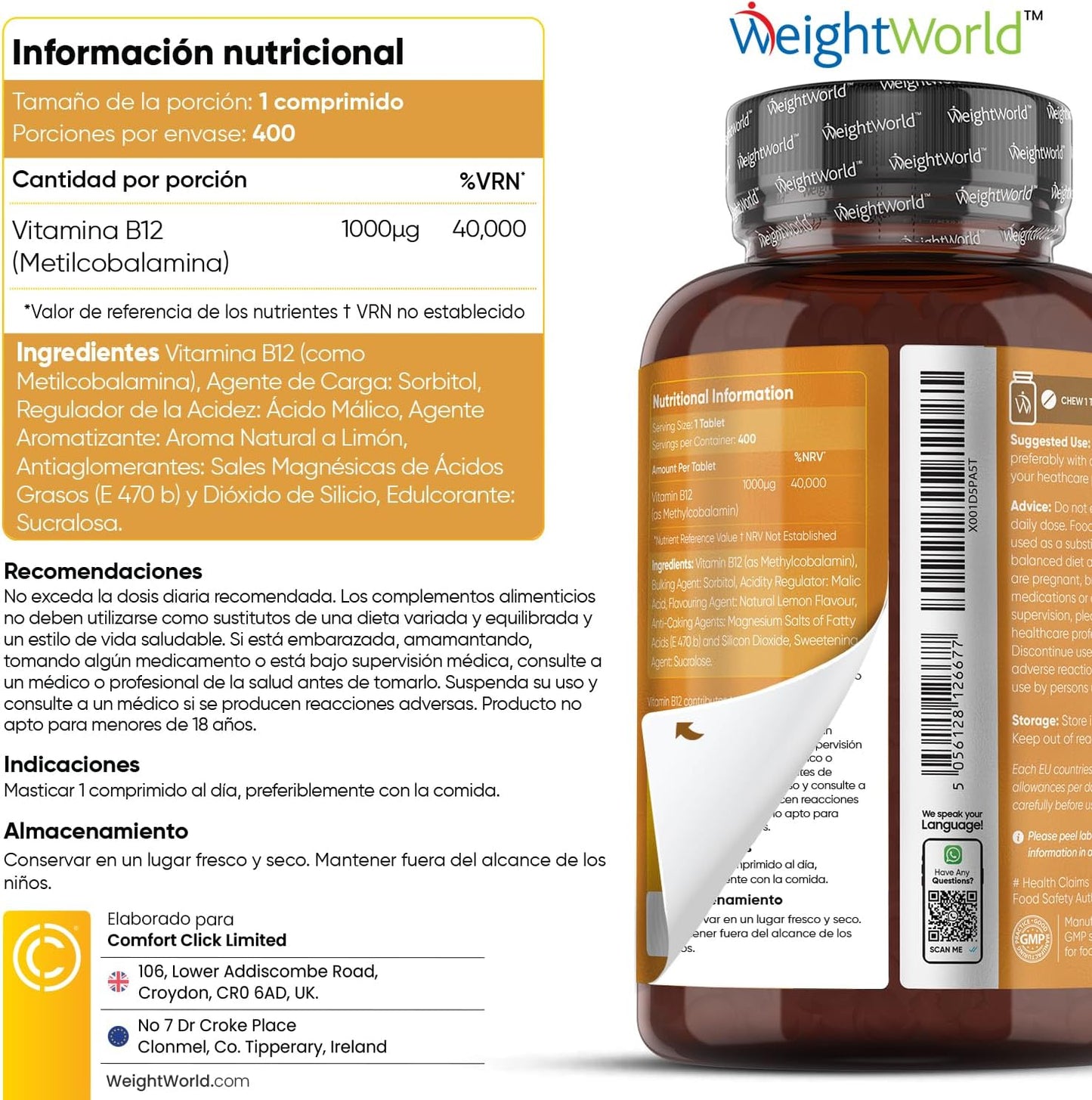 Vitamina B12 mastigável para metabolismo, 1000mcg em frasco de 400 comprimidos veganos com sabor a limão natural