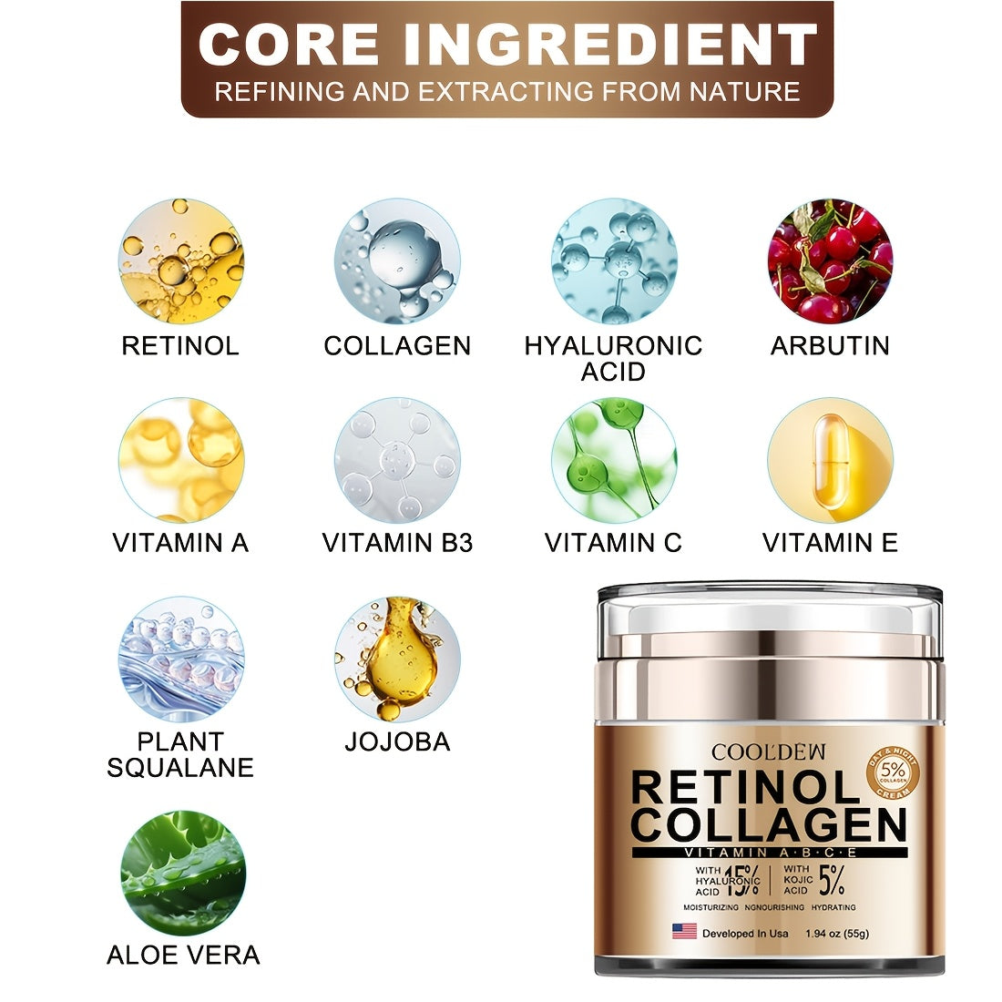 Creme facial com retinol e colágeno Cooldew de 1.94oz com ingredientes naturais como aloe vera e jojoba