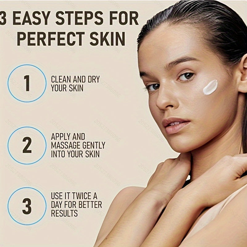 Modelo aplicando creme de retinol e colágeno no rosto, com instruções para cuidados da pele ao fundo