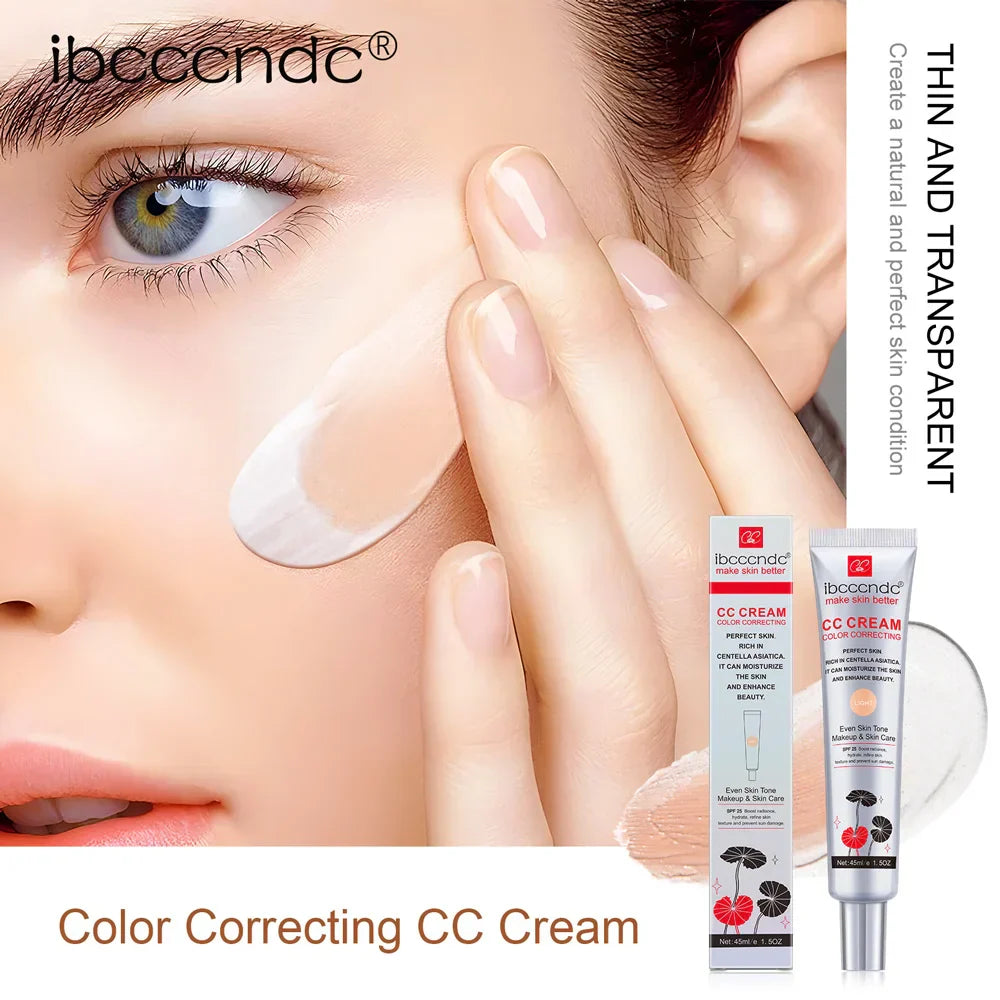 Creme CC para proteção da pele com textura leve, mostrando aplicação em piel, ideal para maquiagem duradoura e à prova d'água.