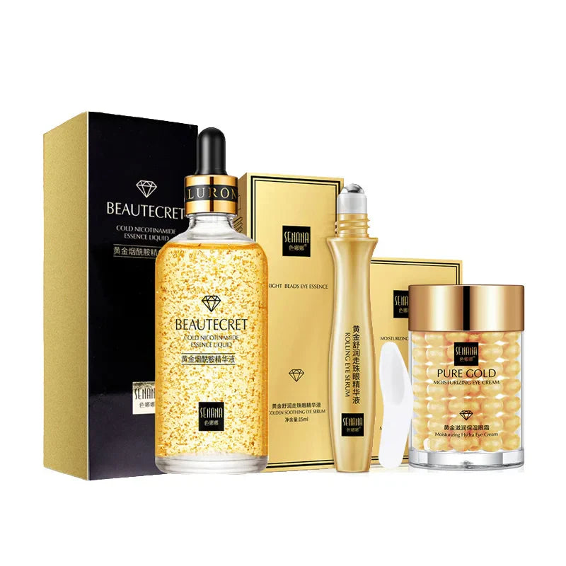 Conjunto de cuidados com a pele com soro facial de niacinamida e creme para os olhos, kit de cuidados com a pele ouro 24K
