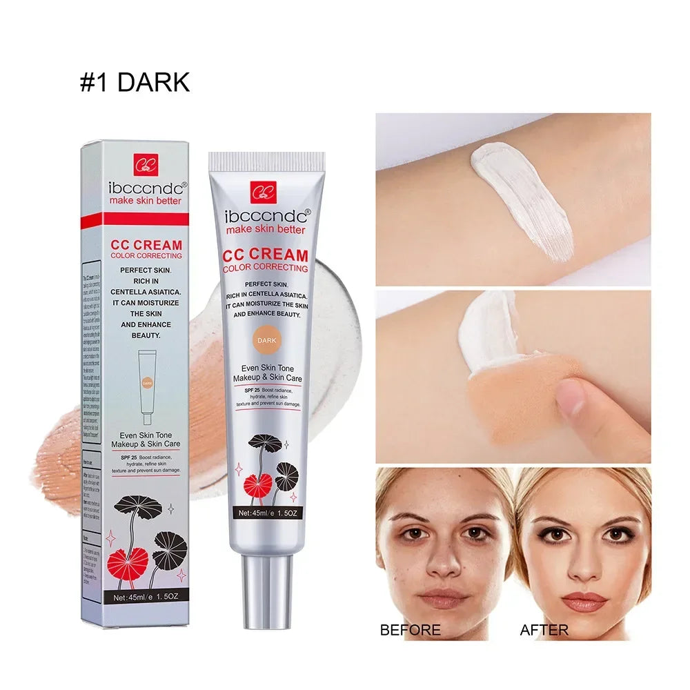 Creme CC Centella Asiatica na embalagem com aplicação no braço, ideal para minimizar poros e hidratar antes da maquiagem.