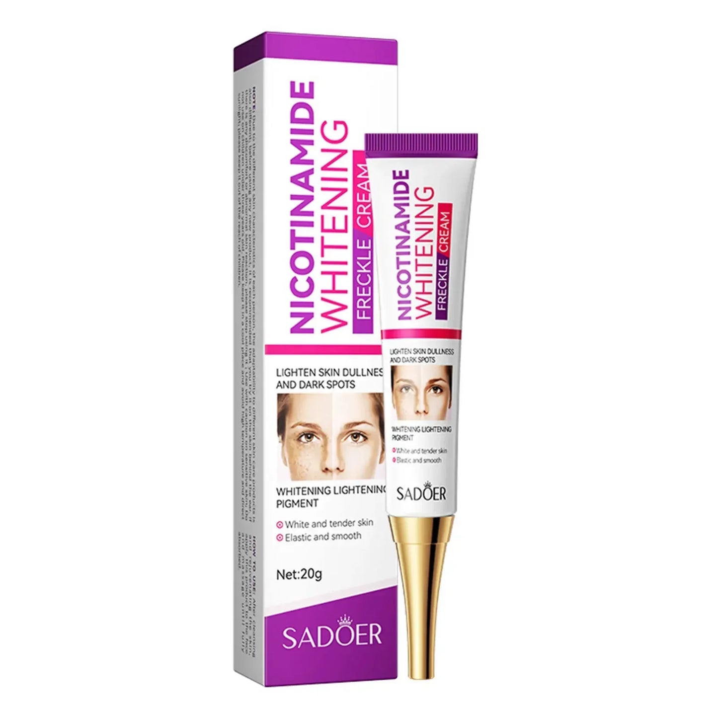 Creme clareador com nicotinamida da SADOER em embalagem roxa, ideal para iluminar a pele e reduzir manchas escuras.