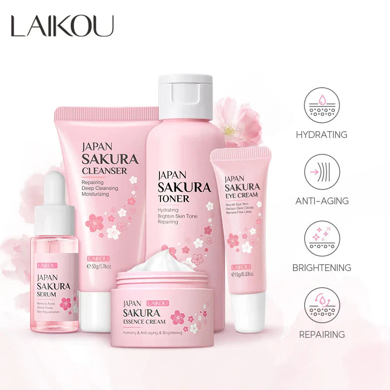Conjunto de beleza japonês LAIKOU com cinco produtos rosa, incluindo sérum, creme e tônico para hidratação e revitalização da pele.