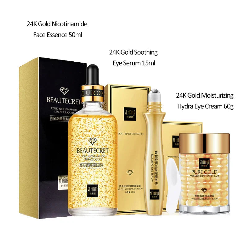 Conjunto de cuidados com a pele com sérum facial de niacinamida com ouro 24K e creme para os olhos para eliminar olheiras, kit de cuidados com a pele ouro 24K