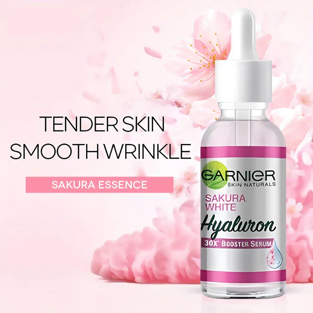 Sérum facial Garnier com extrato de sakura em frasco de 30ml, promoção da elasticidade e hidratação da pele.