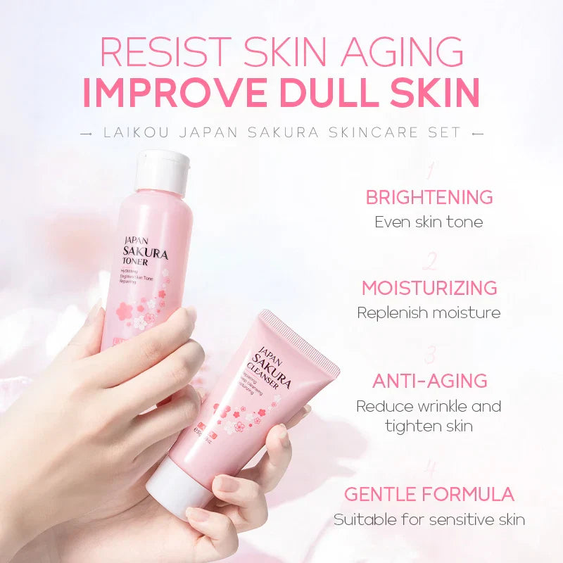 Conjunto de beleza japonês LAIKOU com toner, creme e hidratante em embalagem rosa, ideal para iluminar e rejuvenescer a pele