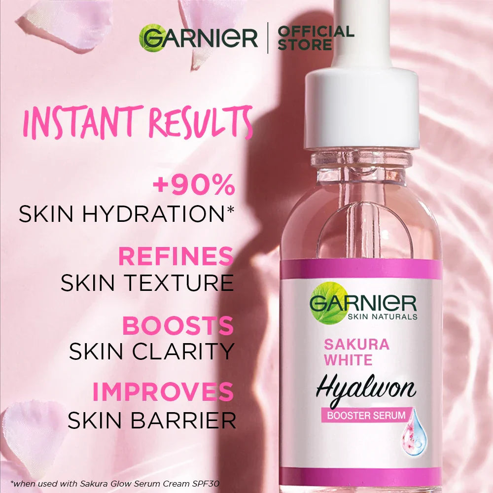 Garnier serum facial com extrato de sakura em frasco de 30ml, promovendo hidratação e rejuvenescimento da pele com resultados instantâneos