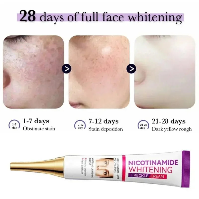 Creme clareador com nicotinamida para pele iluminada, mostrando resultados em 28 dias pelo uso contínuo