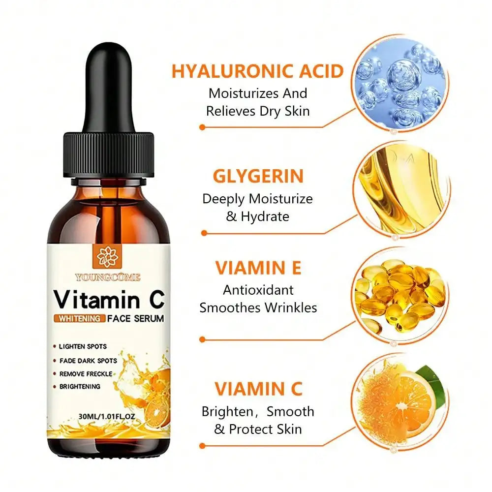 Sérum facial clareador e hidratante vitamina C com ácido hialurônico, melhora a pele, remove manchas e hidrata em 30ml