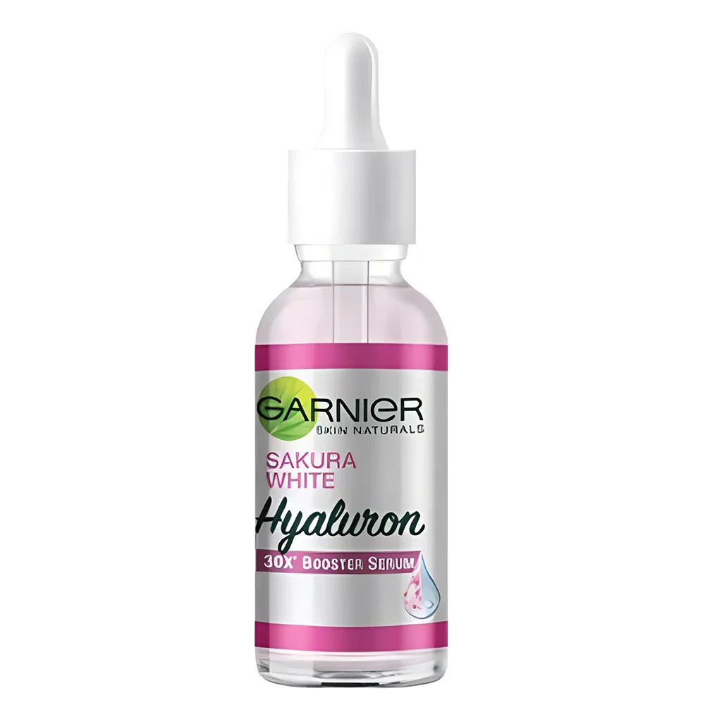Sérum facial Garnier com extrato de sakura em frasco de 30ml, ideal para revitalização da pele e hidratação profunda.