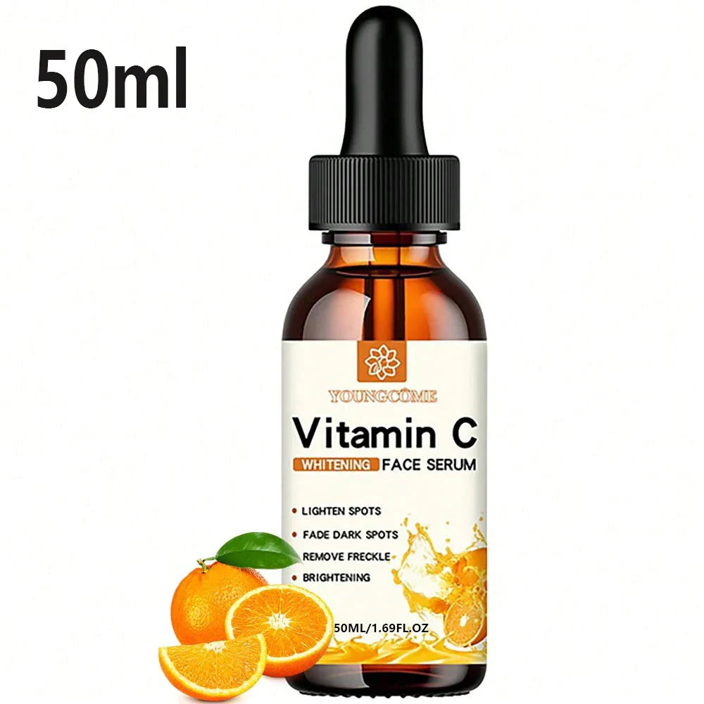 Sérum facial clareador e hidratante vitamina C de 50ml com frasco de vidro e conta-gotas, ideal para manchas e hidratação da pele
