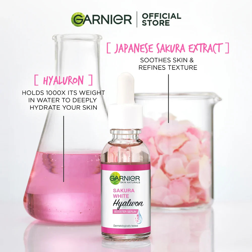 Sérum facial Garnier com extrato de sakura, ideal para hidratar e melhorar a elasticidade da pele em 30ml.