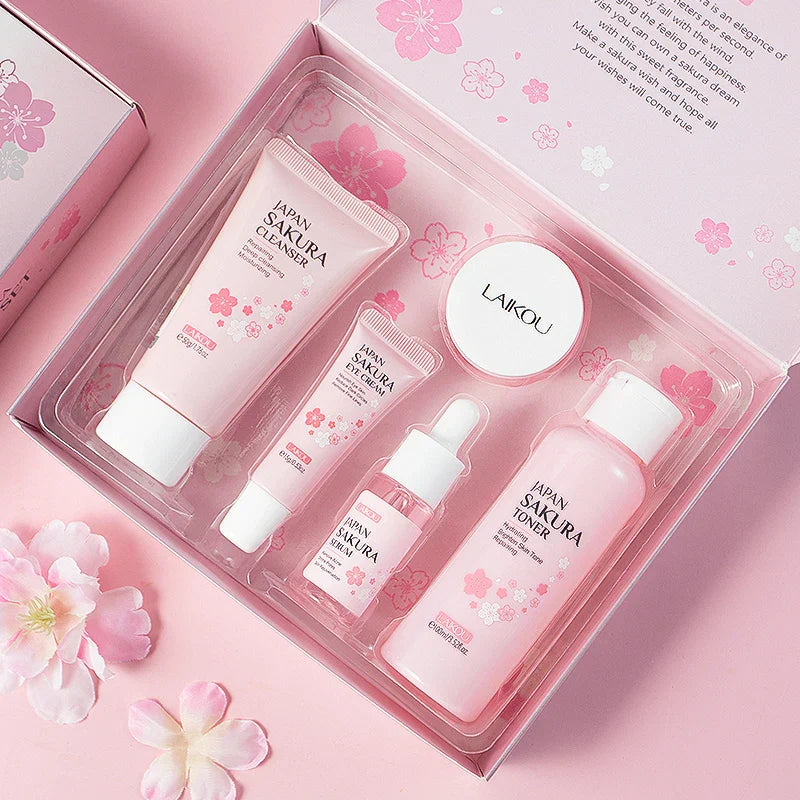 Conjunto de beleza japonês LAIKOU com cinco produtos para cuidados da pele, incluindo tônico, sérum e creme hidratante rosa com flores de sakura