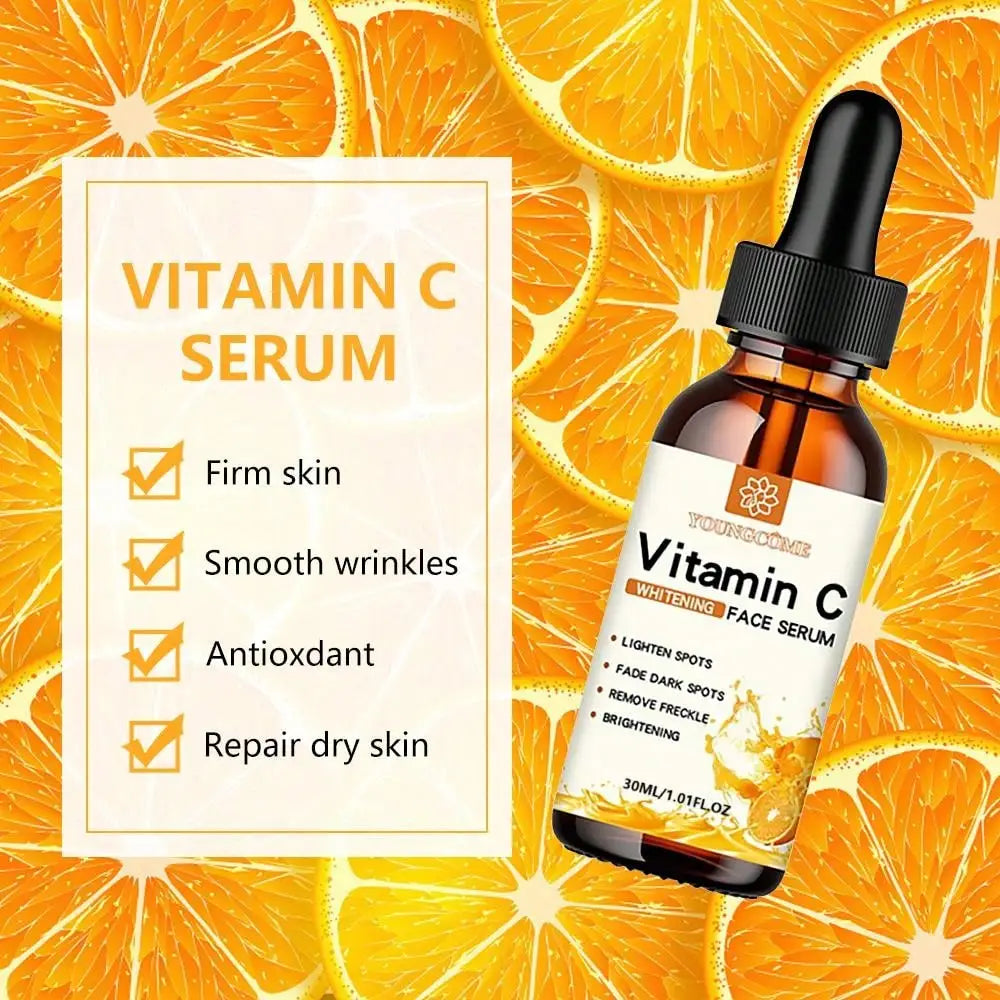 Sérum facial clareador e hidratante vitamina C de 30ml em frasco com conta-gotas, ao lado de laranjas. Indicado para firmar a pele e remover manchas.