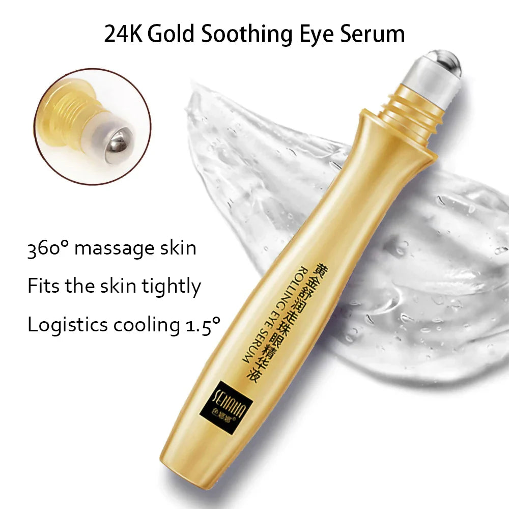 Sérum para os olhos com ouro 24K em frasco dourado, ideal para o kit de cuidados com a pele ouro 24K, alivia olheiras e rejuvenece a pele.