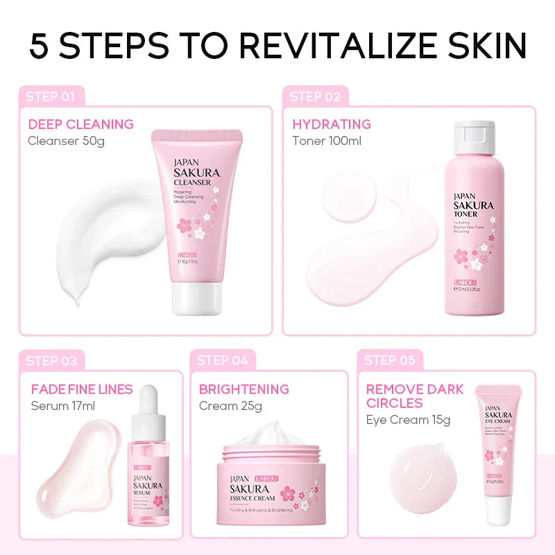 Conjunto de beleza japonês LAIKOU com 5 produtos: limpador, tônico, serum, creme e creme para os olhos, todos em embalagem rosa