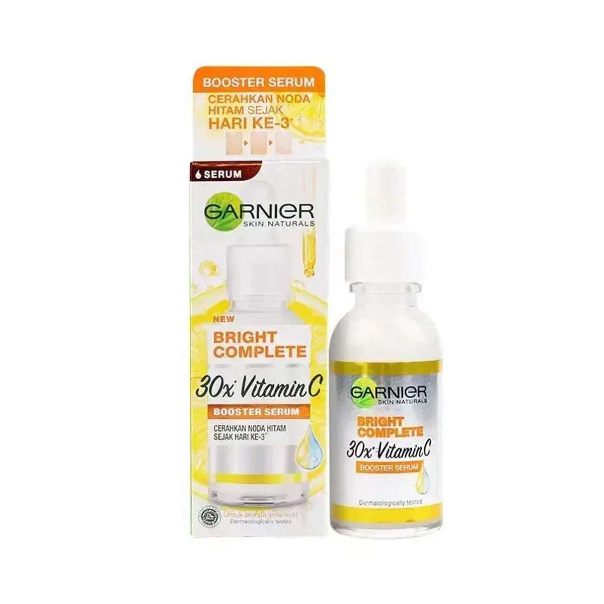 Sérum clareador de pele Garnier com 30x vitamina C e niacinamida, ideal para uniformizar o tom da pele e reduzir marcas de acne.
