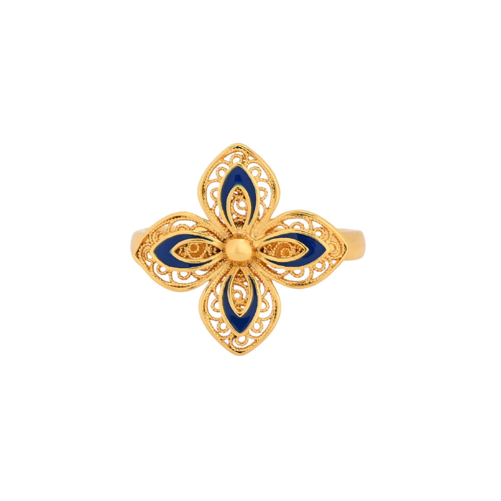 Anel Alma Flor Azul | Liga Metais Reciclados Banho Ouro | Alma de Portugal
