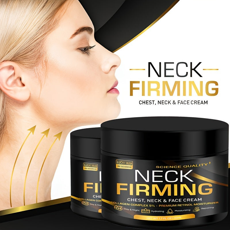 Creme firmador pescoço e rosto Lucky Musn em embalagem preta, ideal para rejuvenescimento da pele e firmeza na área do pescoço.