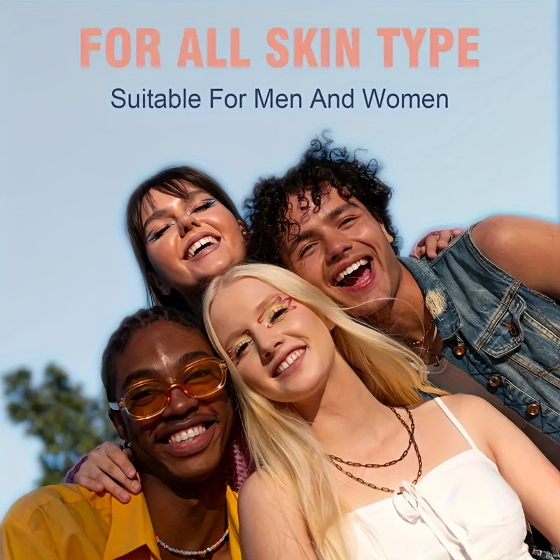 Grupo diverso de pessoas sorrindo ao ar livre promovendo creme de esqualano para hiperpigmentacao, unissex para todos os tipos de pele.
