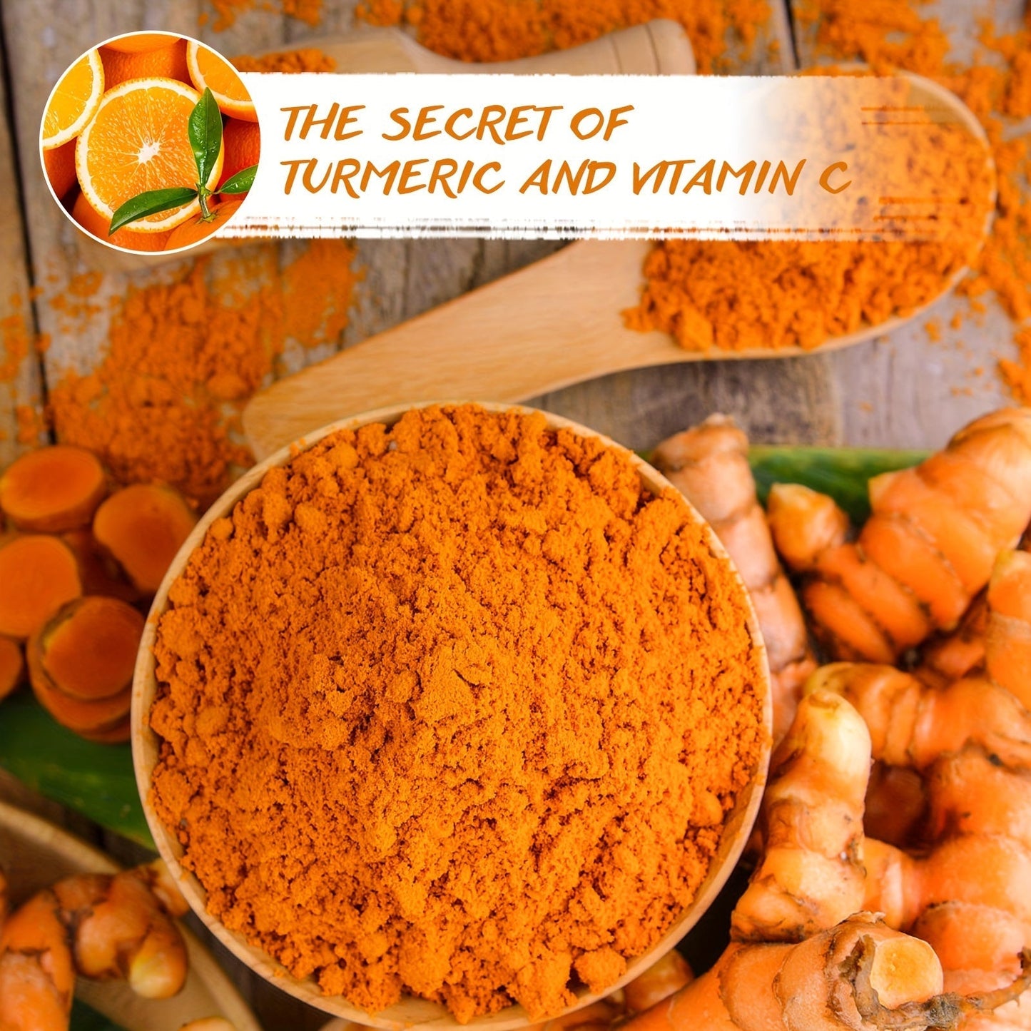Máscara facial de cúrcuma e vitamina C em um recipiente de madeira, destacando o pó laranja vibrante e raiz de cúrcuma fresca