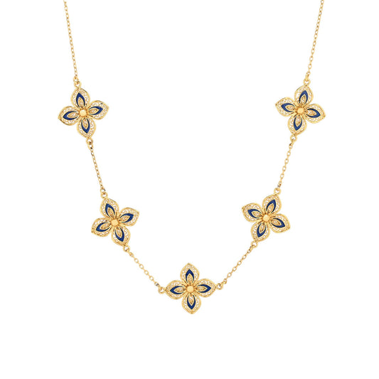 Colar Alma 5 Flores Azuis | Liga Metais Reciclados Banho Ouro | Alma de Portugal