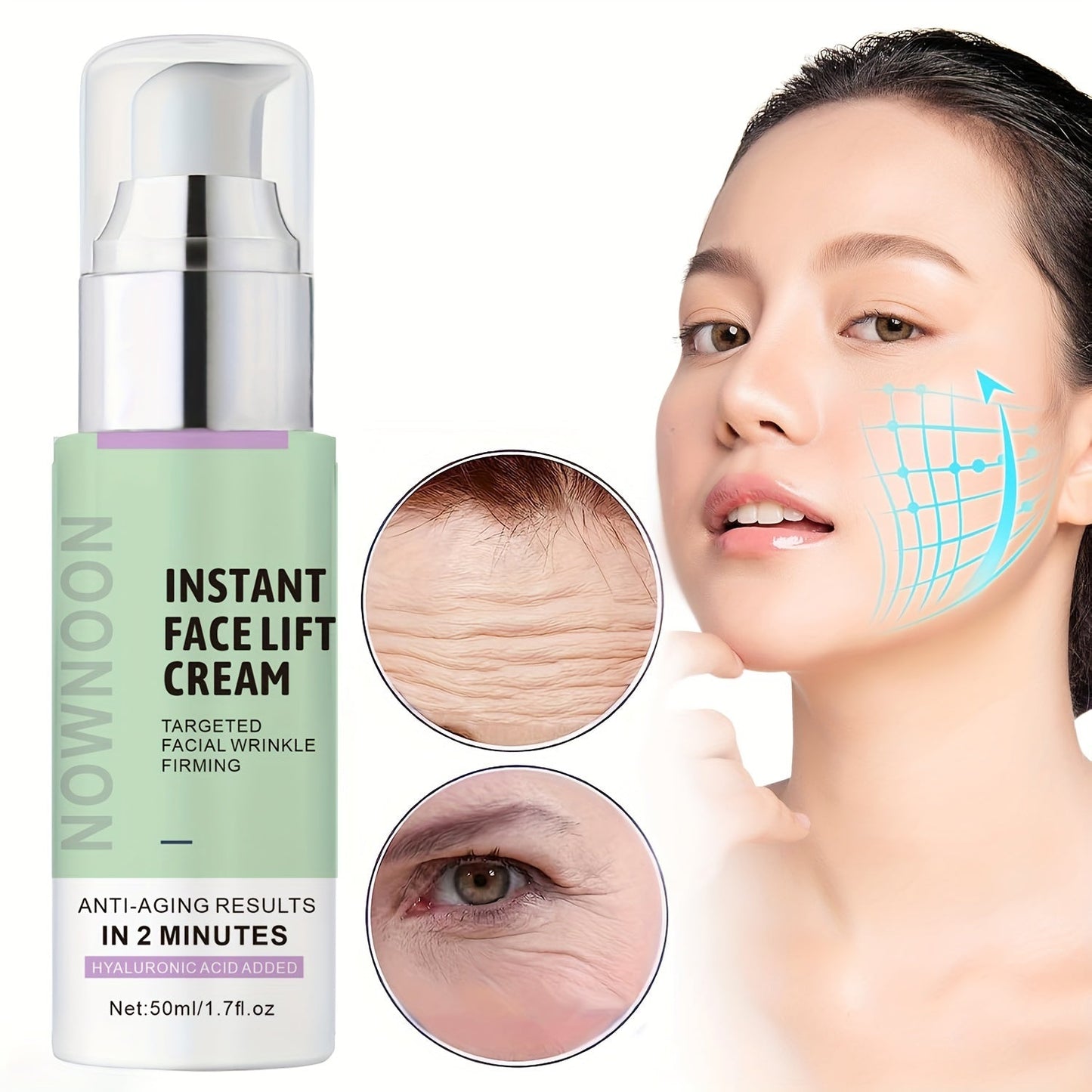 Creme anti-idade para lifting facial com ácido hialurônico, embalagem verde e resultados visíveis em 2 minutos