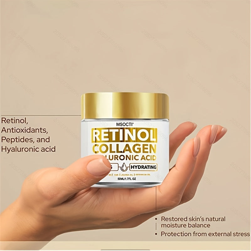 Creme de retinol e colágeno de 50ml com embalagem elegante, ideal para restaurar o equilíbrio da pele e proteção contra estresse ambiental