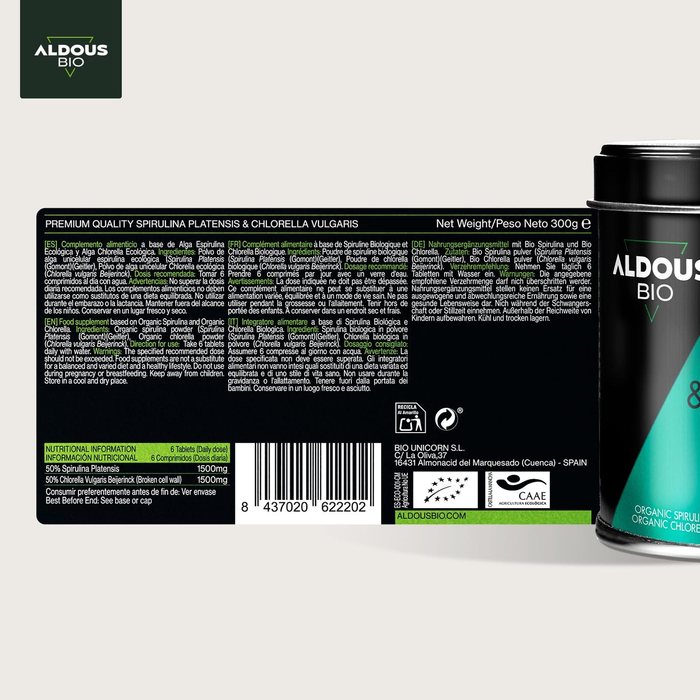 600 comprimidos de chlorella e espirulina Aldous Bio em embalagem de 300g para detox e proteína vegana
