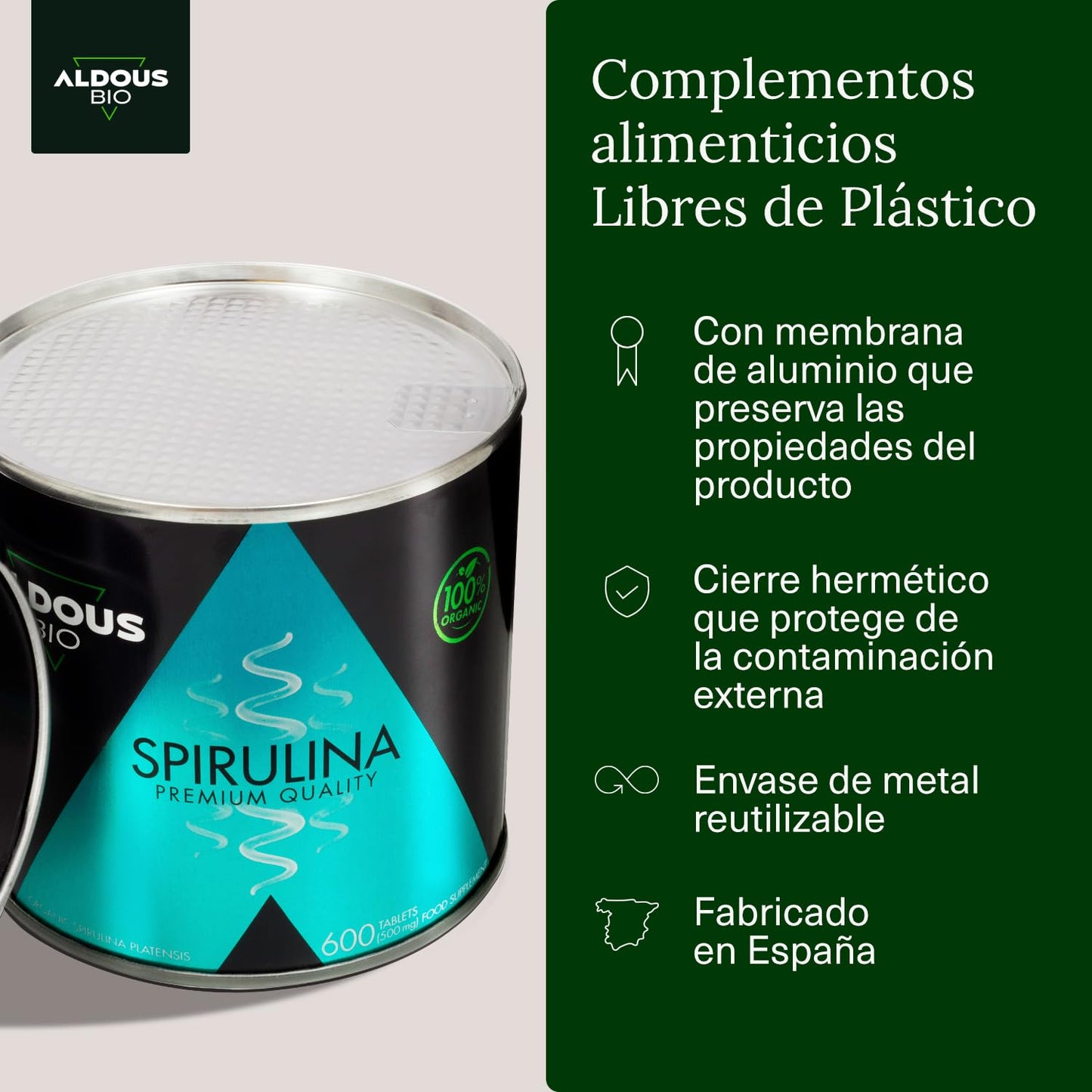 600 comprimidos de chlorella e espirulina Aldous Bio, vegano e detox, com embalagem reutilizável e sem aditivos