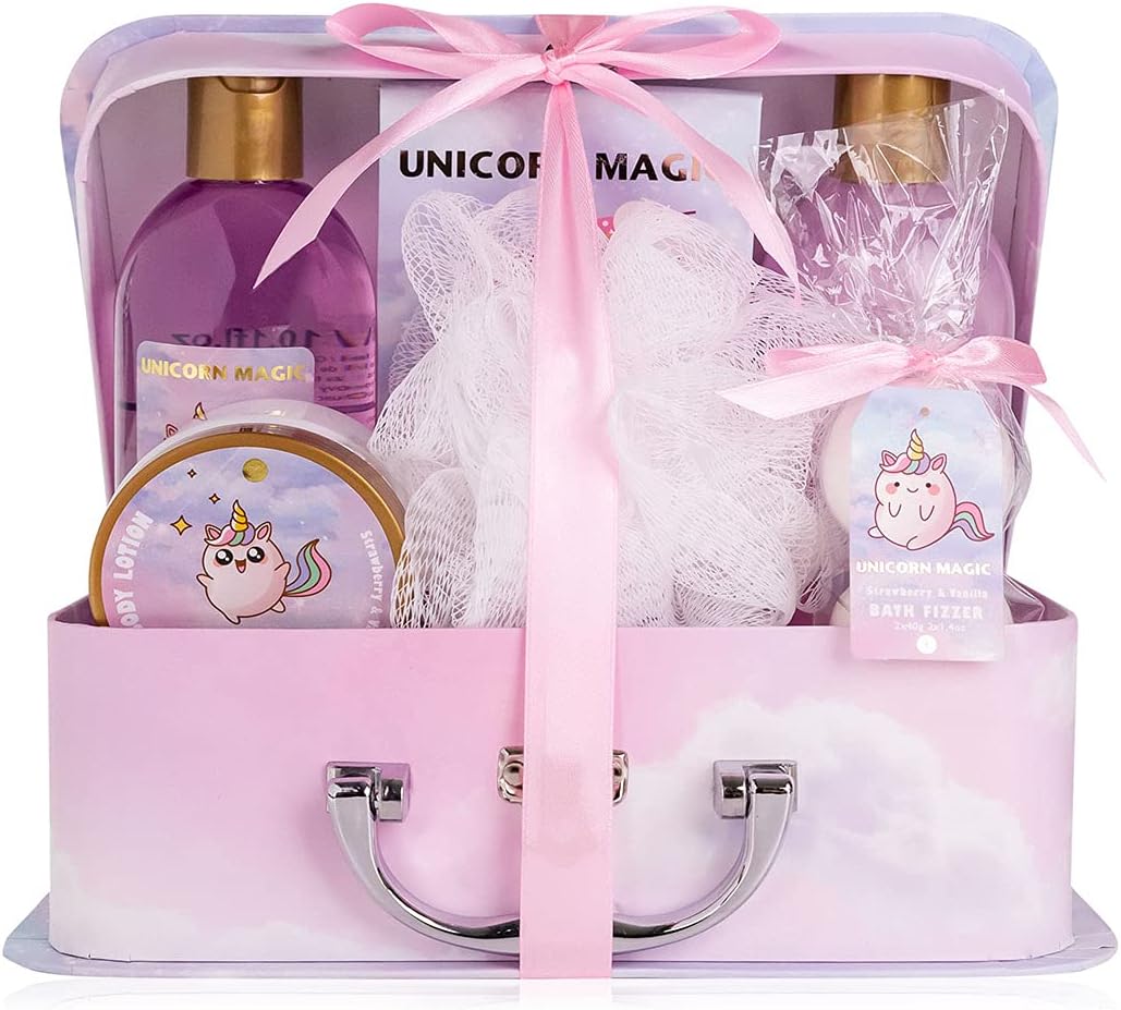 Conjunto de banho Accentra Unicorn Magic com aroma de morango e baunilha, 7 peças em mala rosa.